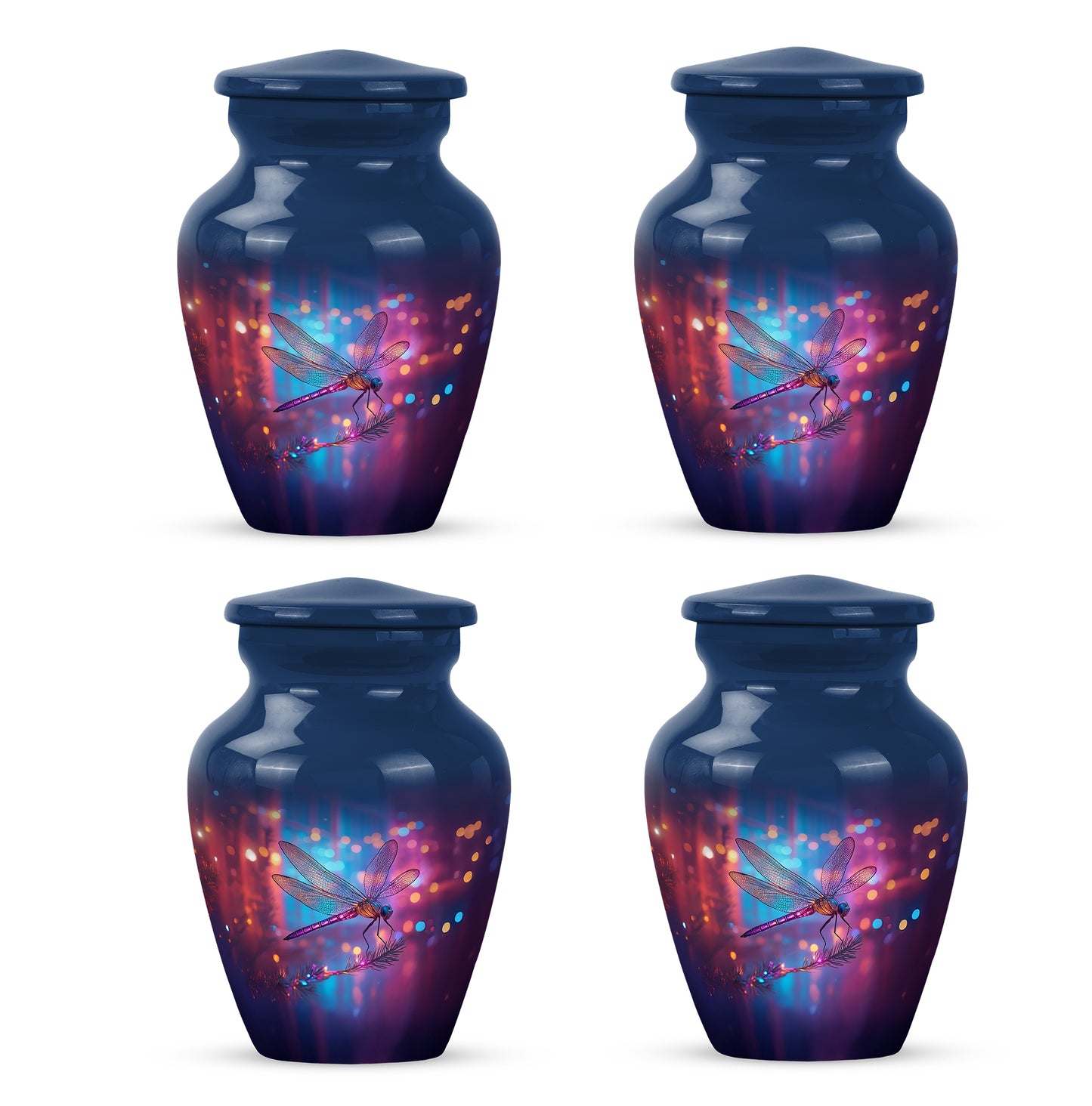 Misty Blue Dragonfly Cremation Urn side profile showing urn shape - classic sculpted dragonfly pattern on smooth aluminum - 10 inch aluminum urn for cremated remains