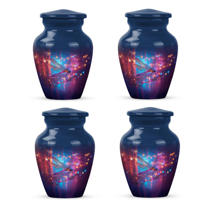 Misty Blue Dragonfly Cremation Urn side profile showing urn shape - classic sculpted dragonfly pattern on smooth aluminum - 10 inch aluminum urn for cremated remains