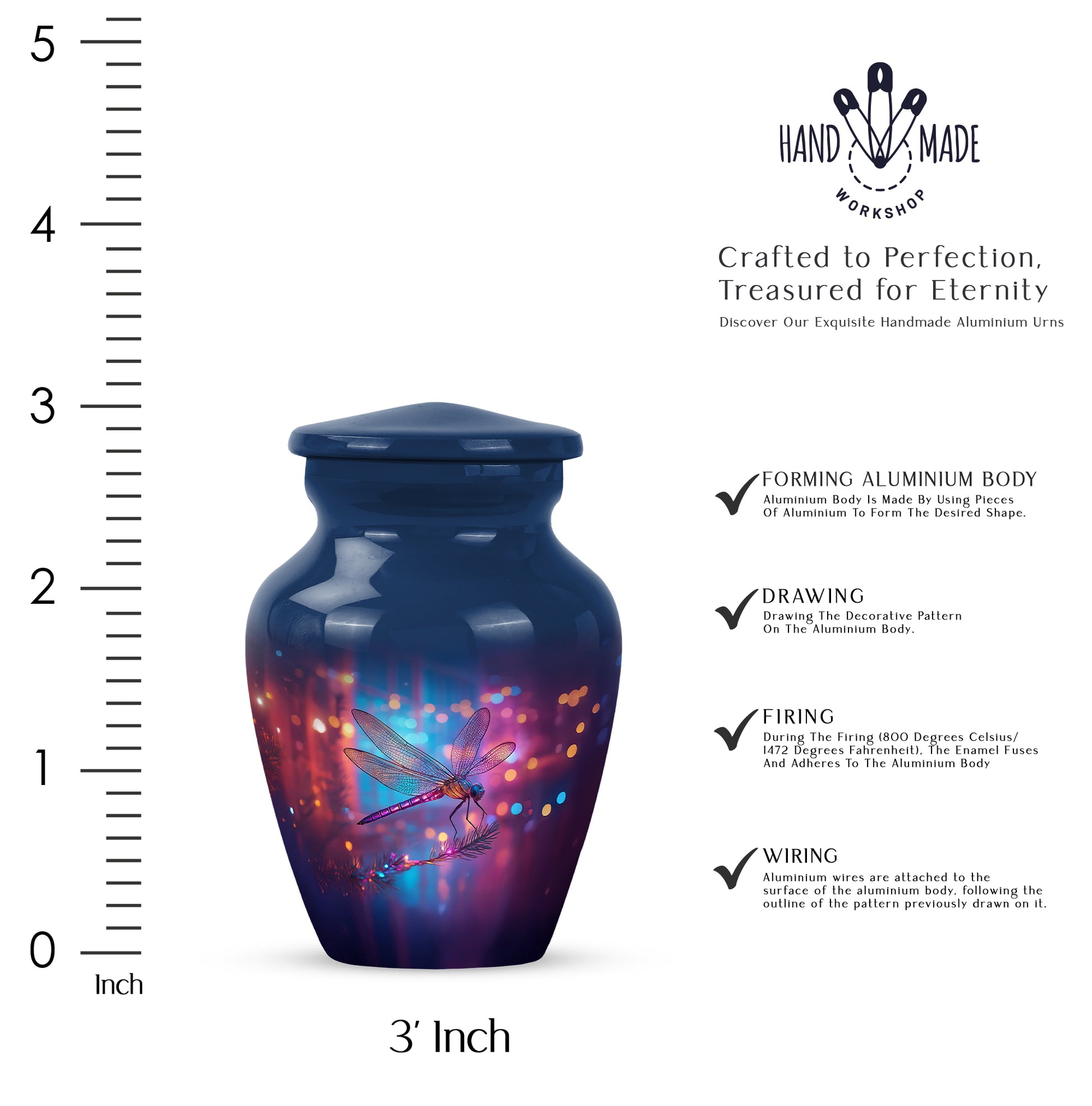 Indigo Dragonfly Cremation Urn close-up of engraving and surface detail - timeless dragonfly motif etched into premium metal - mini keepsake memorial for portion of cremation ashes