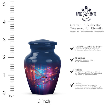 Indigo Dragonfly Cremation Urn close-up of engraving and surface detail - timeless dragonfly motif etched into premium metal - mini keepsake memorial for portion of cremation ashes