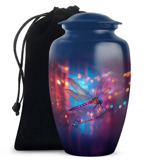 Misty Blue Dragonfly Cremation Urn angled view of lid and engraved motif - classic sculpted dragonfly pattern on smooth aluminum - full-size 10 inch 200 cubic inch adult cremation urn