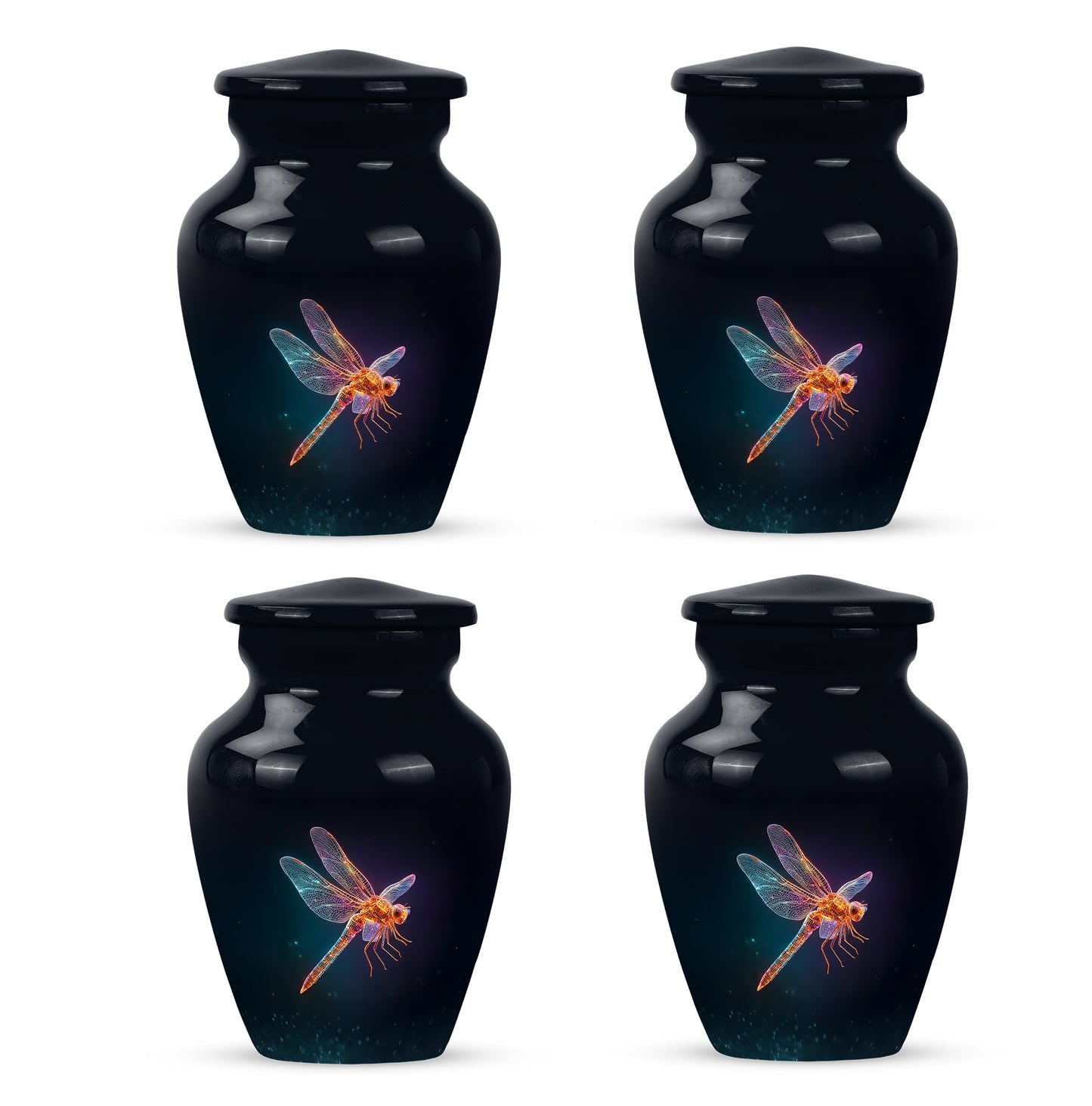 Glossy Black Dragonfly Cremation Urn side profile showing urn shape - classic sculpted dragonfly pattern on smooth aluminum - 10 inch aluminum urn for cremated remains