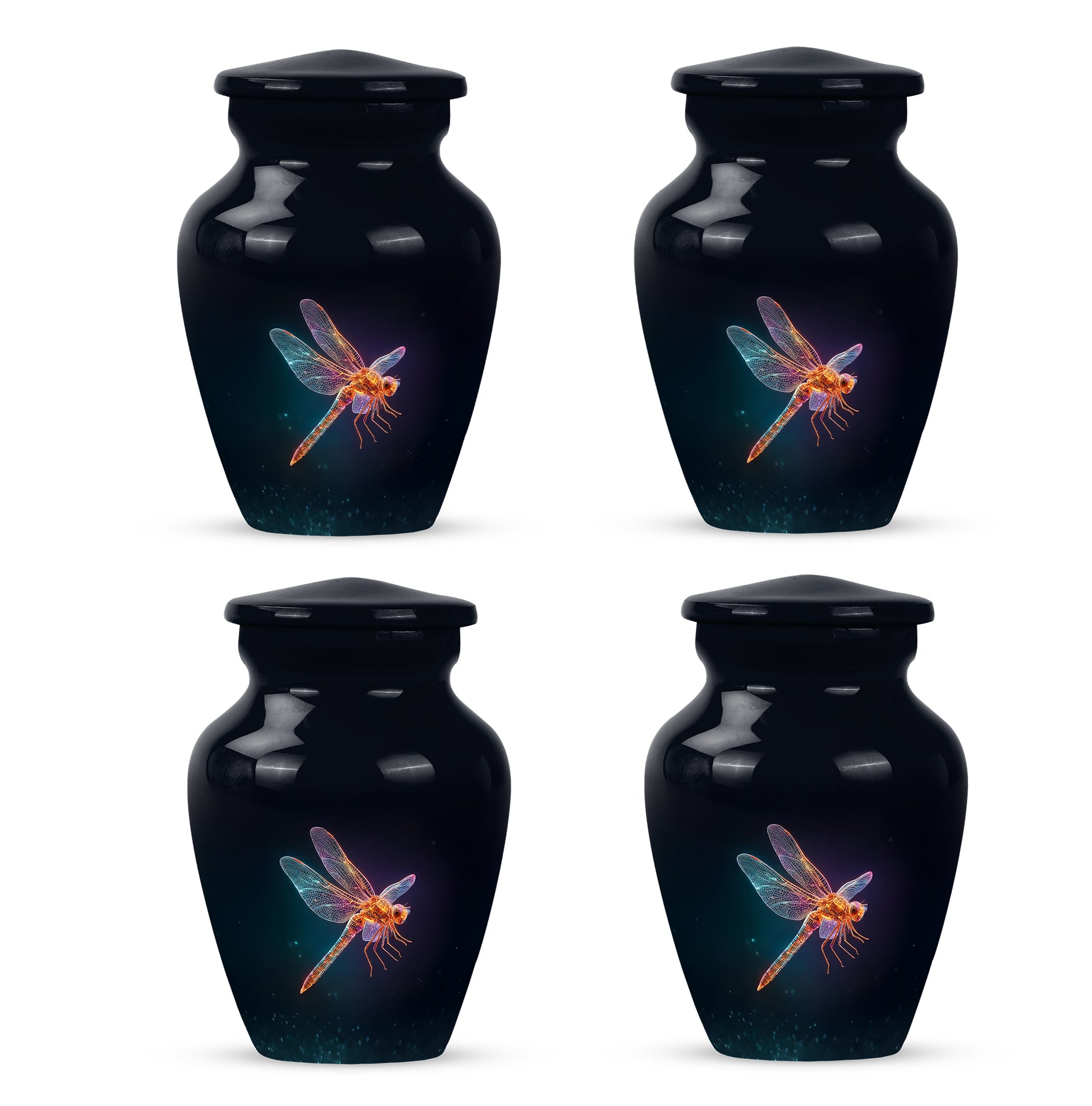 Glossy Black Dragonfly Cremation Urn side profile showing urn shape - classic sculpted dragonfly pattern on smooth aluminum - 10 inch aluminum urn for cremated remains