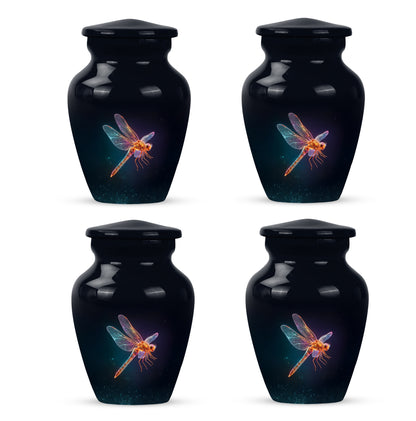Glossy Black Dragonfly Cremation Urn side profile showing urn shape - classic sculpted dragonfly pattern on smooth aluminum - 10 inch aluminum urn for cremated remains