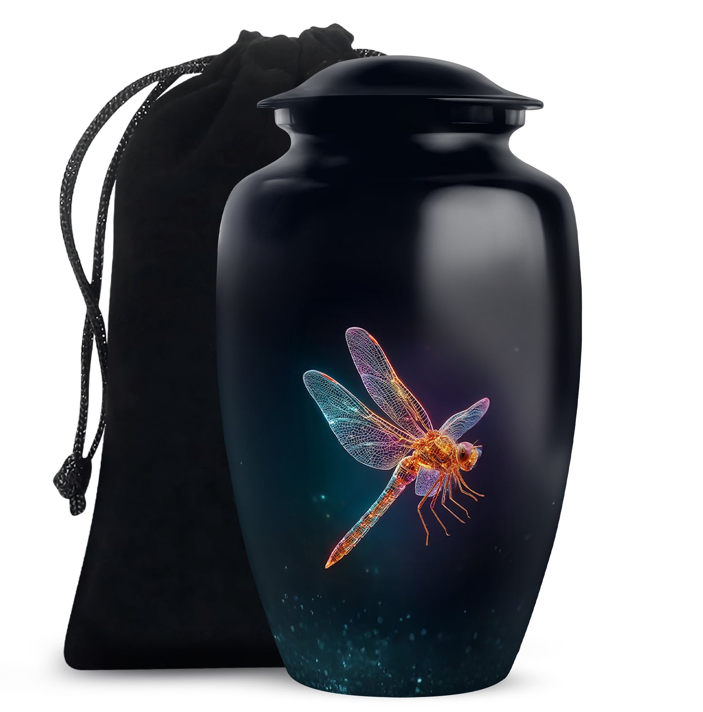 Dark Black Dragonfly Cremation Urn angled view of lid and engraved motif - elegant classic dragonfly relief with fine detailing - full-size 10 inch 200 cubic inch adult cremation urn