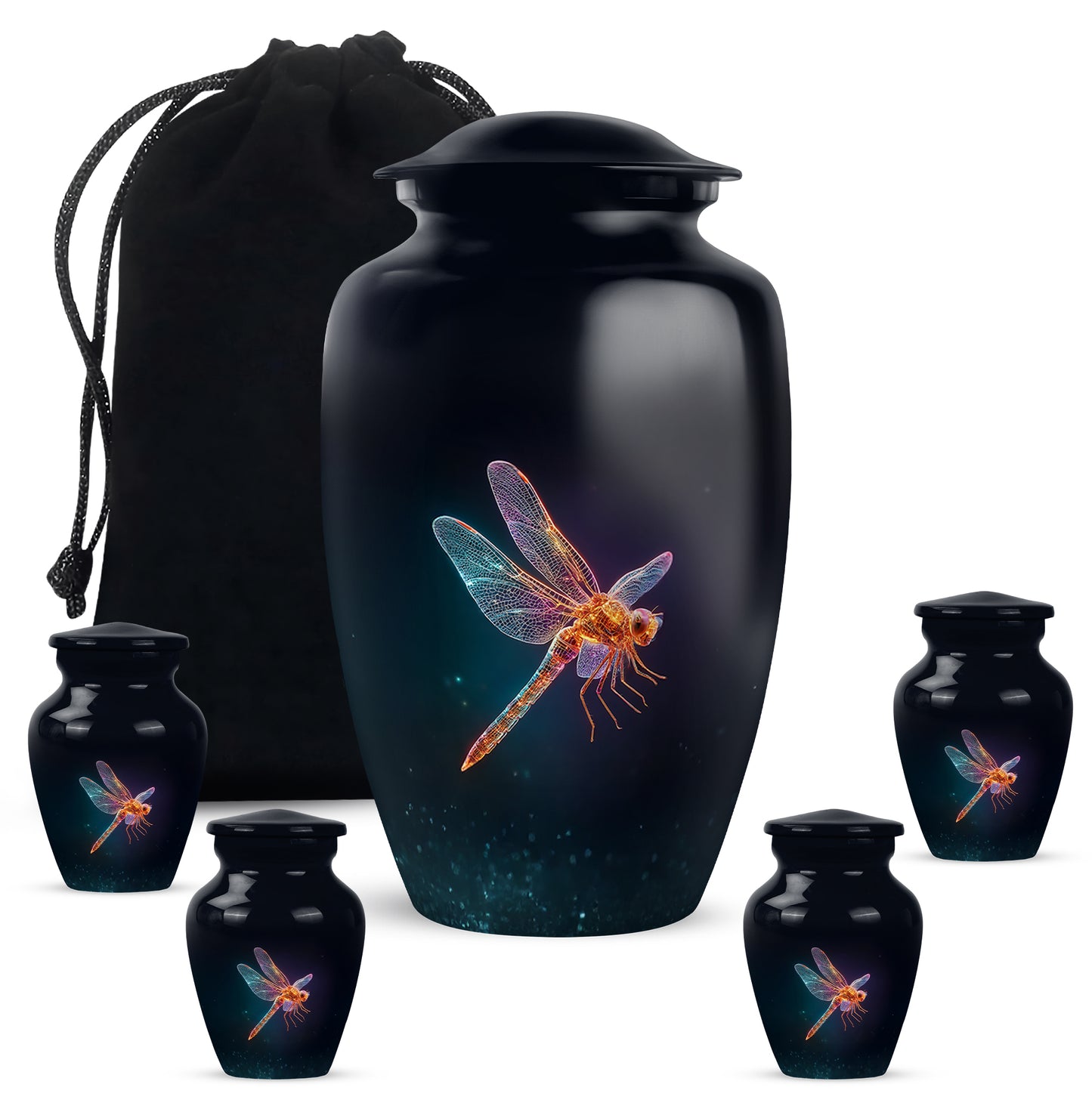 Ebony Dragonfly Cremation Urn top-down view of secure threaded lid - classic sculpted dragonfly pattern on smooth aluminum - memorial set with one large and four small urns