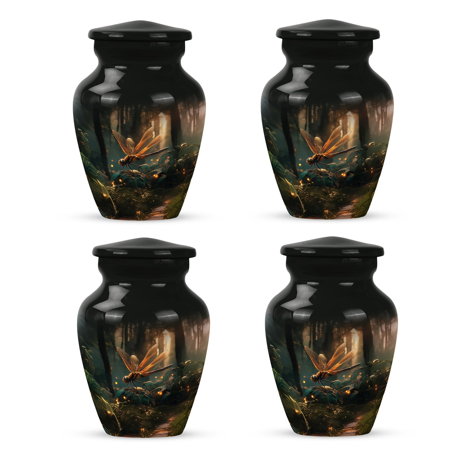 Charcoal Black Dragonfly Cremation Urn side profile showing urn shape - traditional dragonfly engraving with hand-polished finish - 10 inch aluminum urn for cremated remains