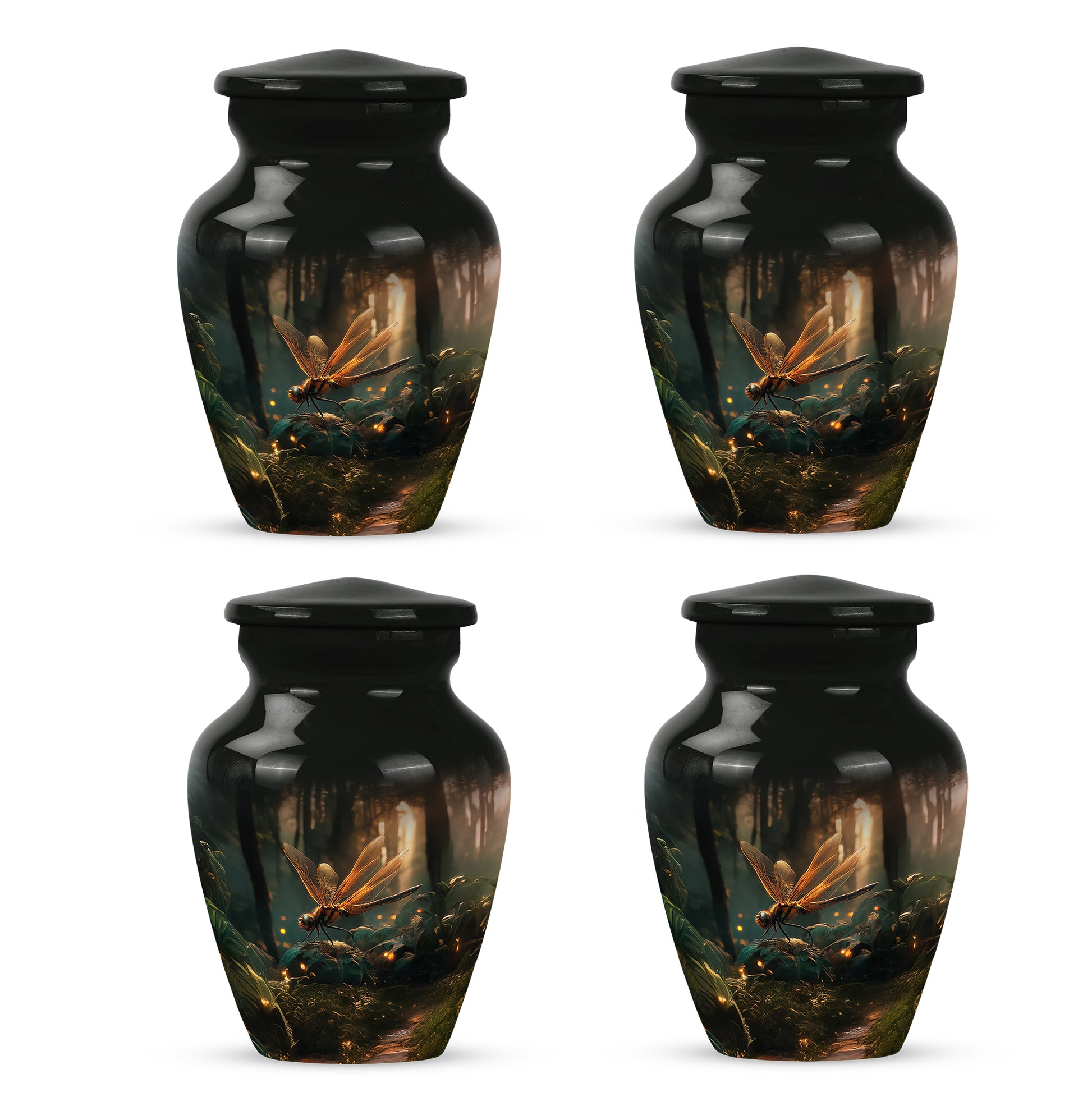 Charcoal Black Dragonfly Cremation Urn side profile showing urn shape - traditional dragonfly engraving with hand-polished finish - 10 inch aluminum urn for cremated remains