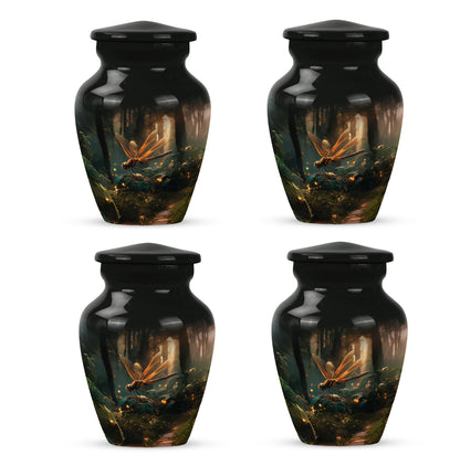 Charcoal Black Dragonfly Cremation Urn side profile showing urn shape - traditional dragonfly engraving with hand-polished finish - 10 inch aluminum urn for cremated remains