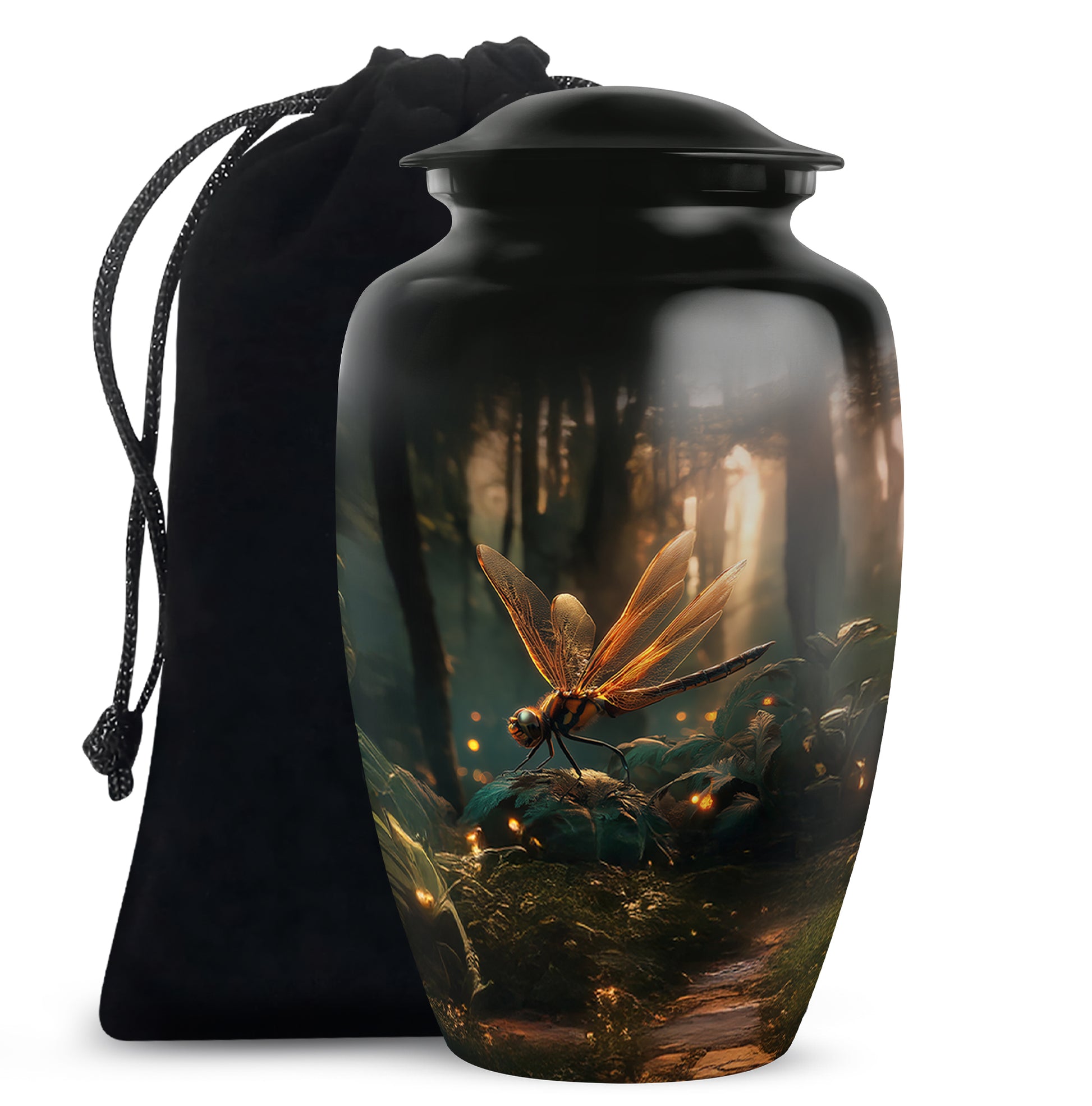 Glossy Black Dragonfly Cremation Urn angled view of lid and engraved motif - classic sculpted dragonfly pattern on smooth aluminum - full-size 10 inch 200 cubic inch adult cremation urn