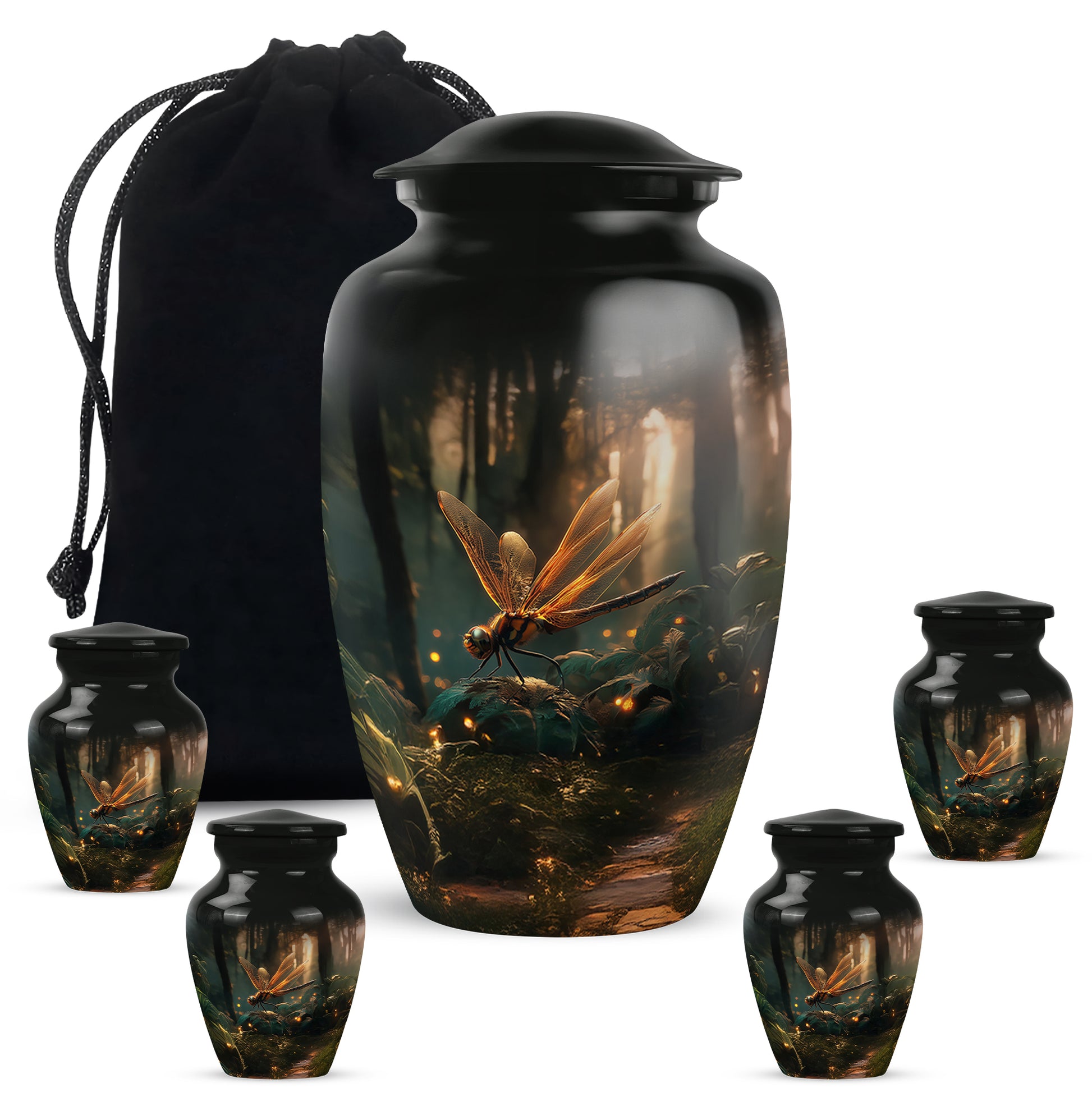 Dark Black Dragonfly Cremation Urn top-down view of secure threaded lid - elegant classic dragonfly relief with fine detailing - memorial set with one large and four small urns