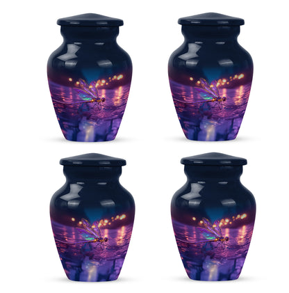Steel Blue Dragonfly Cremation Urn side profile showing urn shape - traditional dragonfly engraving with hand-polished finish - 10 inch aluminum urn for cremated remains