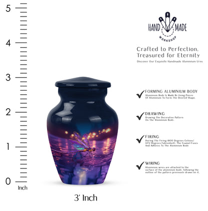 Navy Blue Dragonfly Cremation Urn close-up of engraving and surface detail - timeless dragonfly motif etched into premium metal - mini keepsake memorial for portion of cremation ashes