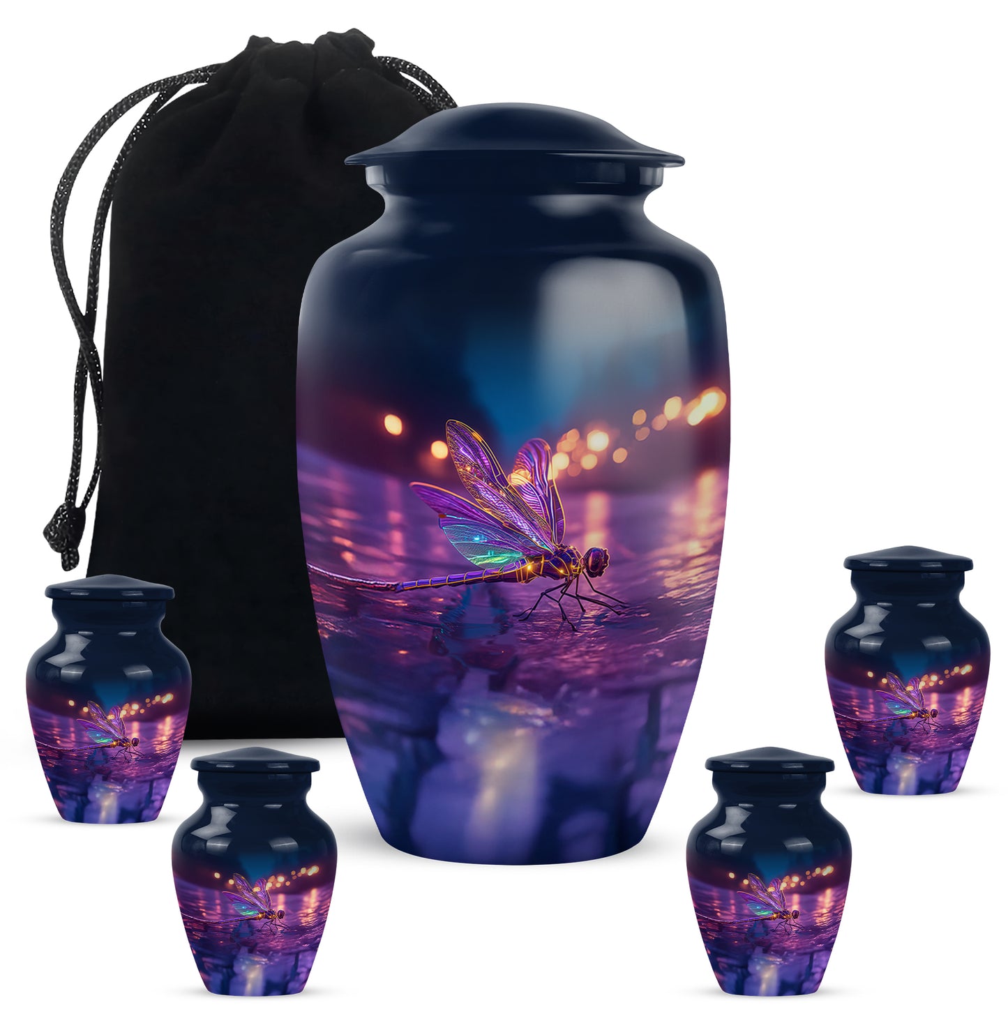 Slate Blue Dragonfly Cremation Urn top-down view of secure threaded lid - timeless dragonfly motif etched into premium metal - memorial set with one large and four small urns