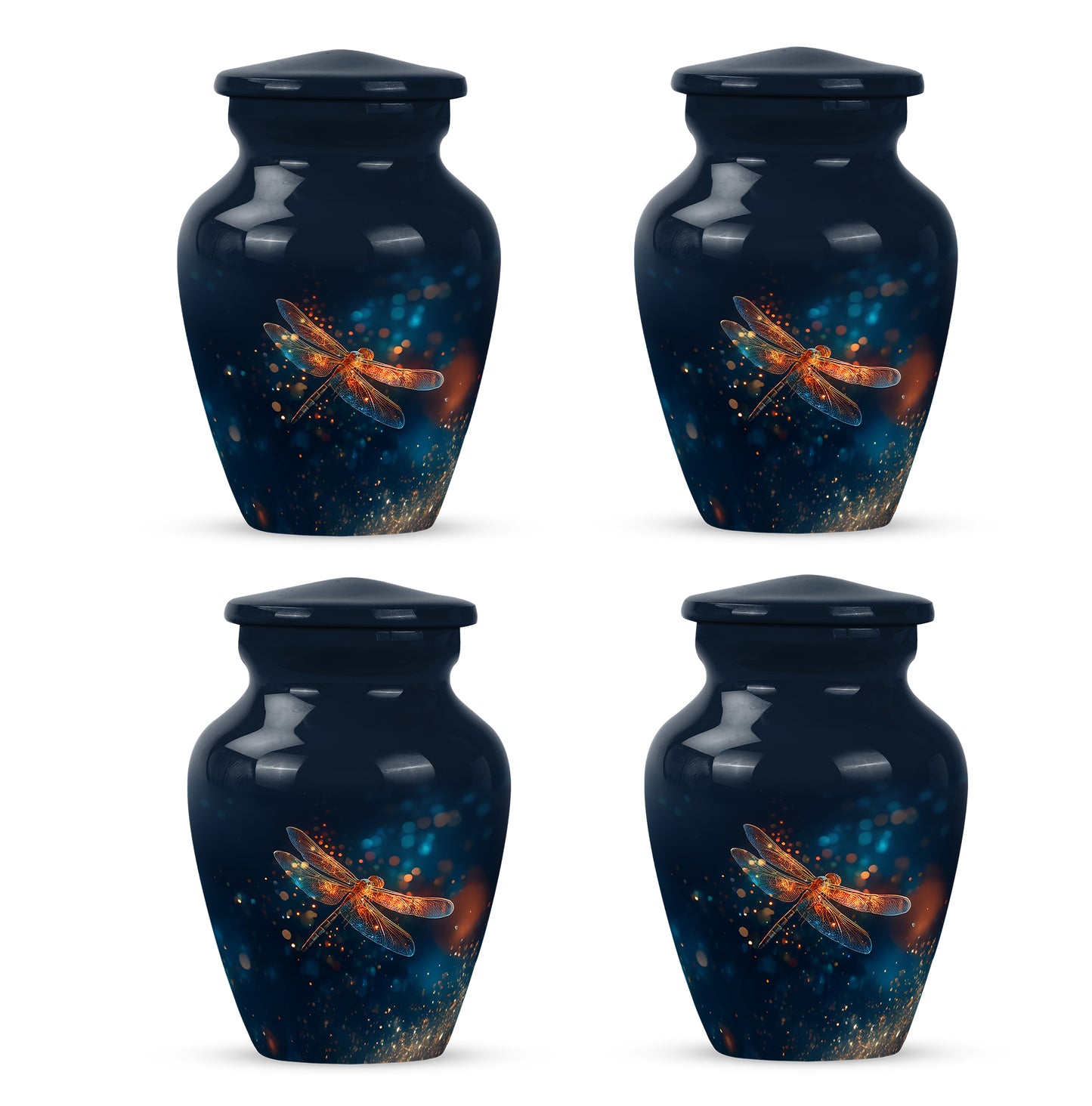 Celestial Blue Dragonfly Cremation Urn side profile showing urn shape - classic sculpted dragonfly pattern on smooth aluminum - 10 inch aluminum urn for cremated remains