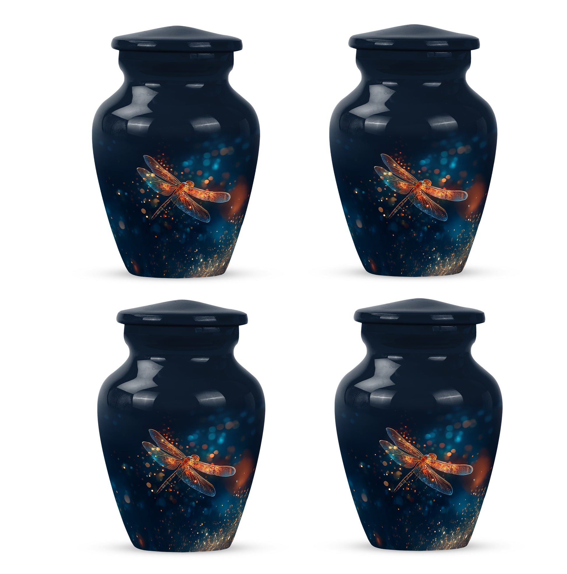 Celestial Blue Dragonfly Cremation Urn side profile showing urn shape - classic sculpted dragonfly pattern on smooth aluminum - 10 inch aluminum urn for cremated remains