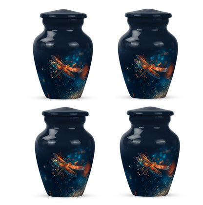 Celestial Blue Dragonfly Cremation Urn side profile showing urn shape - classic sculpted dragonfly pattern on smooth aluminum - 10 inch aluminum urn for cremated remains