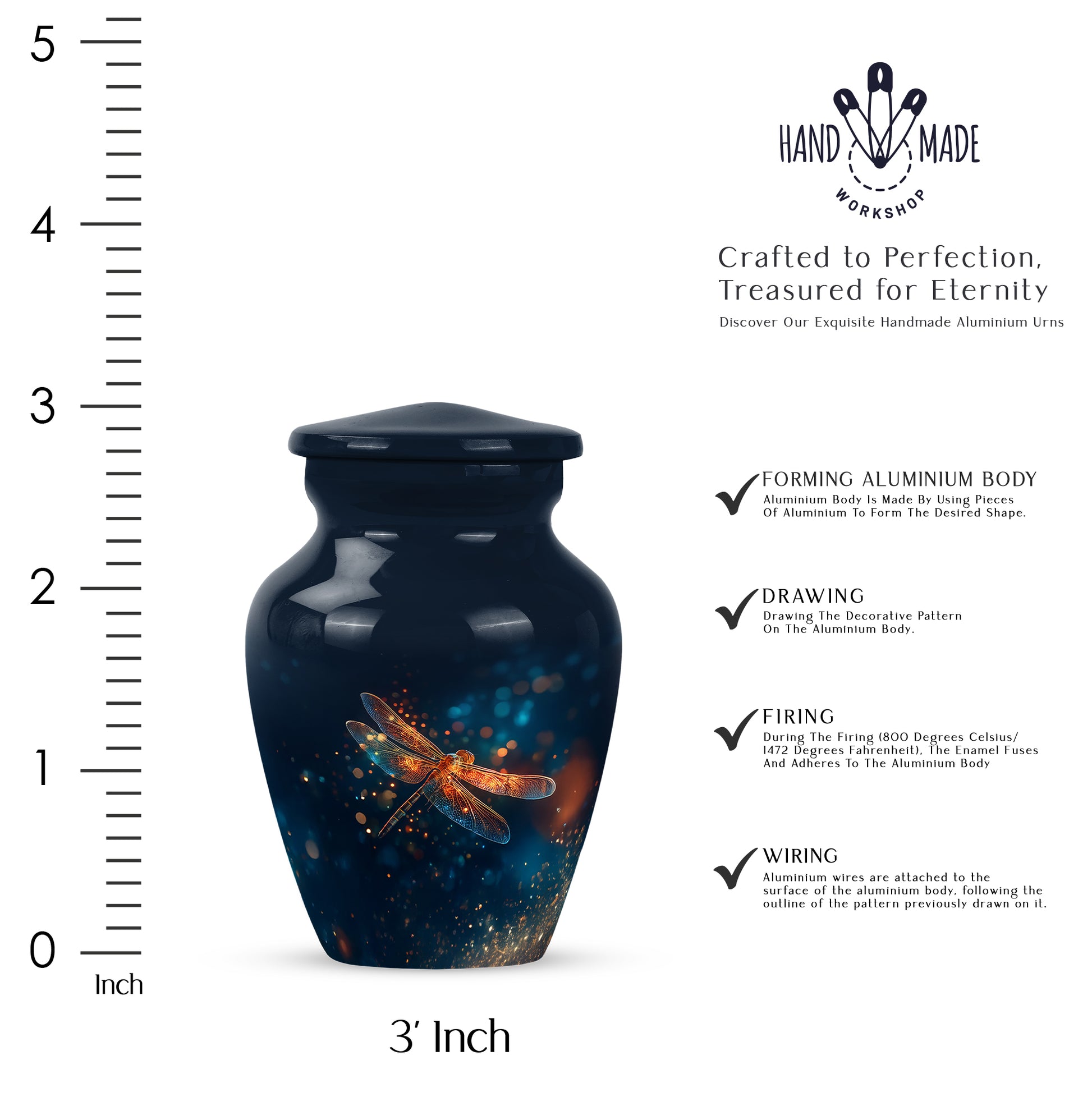 Twilight Blue Dragonfly Cremation Urn close-up of engraving and surface detail - elegant classic dragonfly relief with fine detailing - mini keepsake memorial for portion of cremation ashes