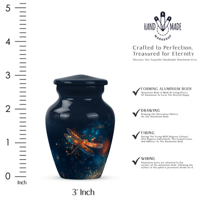 Twilight Blue Dragonfly Cremation Urn close-up of engraving and surface detail - elegant classic dragonfly relief with fine detailing - mini keepsake memorial for portion of cremation ashes