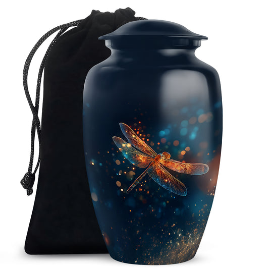 Cornflower Blue Dragonfly Cremation Urn angled view of lid and engraved motif - traditional dragonfly engraving with hand-polished finish - full-size 10 inch 200 cubic inch adult cremation urn