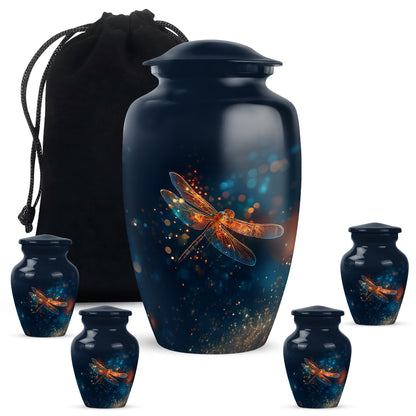 Twilight Blue Dragonfly Cremation Urn top-down view of secure threaded lid - elegant classic dragonfly relief with fine detailing - memorial set with one large and four small urns