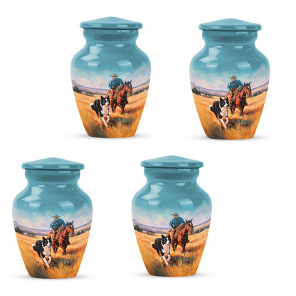 Cool Teal Cowboy Cremation Urn side profile showing urn shape - classic sculpted cowboy pattern on smooth aluminum - 10 inch aluminum urn for cremated remains