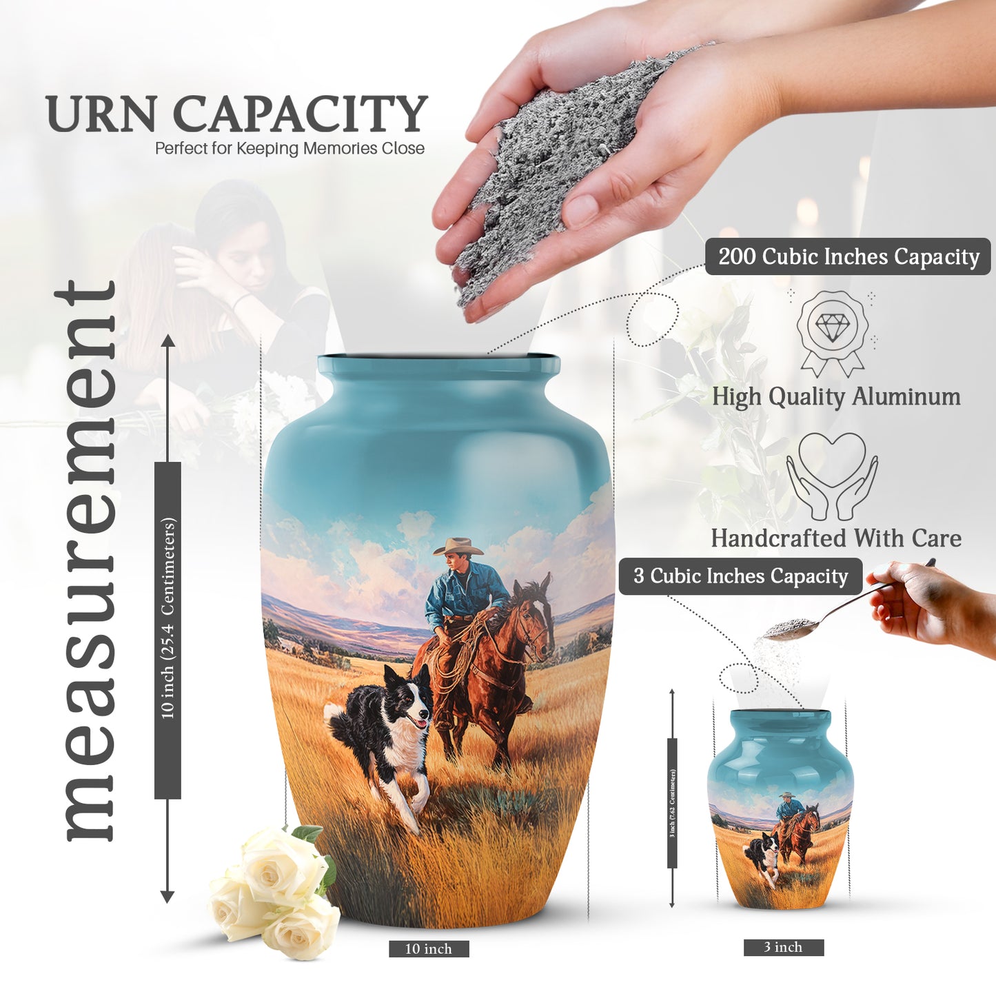Sea Green Teal Cowboy Cremation Urn close-up of engraving and surface detail - timeless cowboy motif etched into premium metal - mini keepsake memorial for portion of cremation ashes