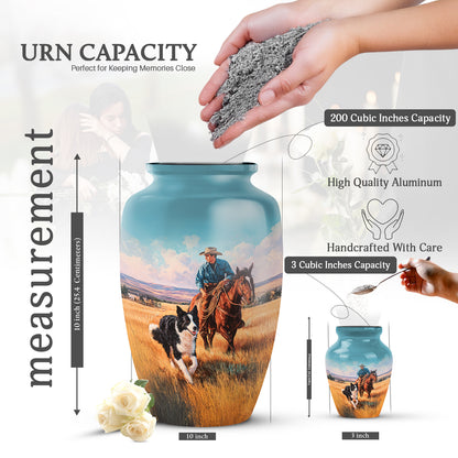 Sea Green Teal Cowboy Cremation Urn close-up of engraving and surface detail - timeless cowboy motif etched into premium metal - mini keepsake memorial for portion of cremation ashes