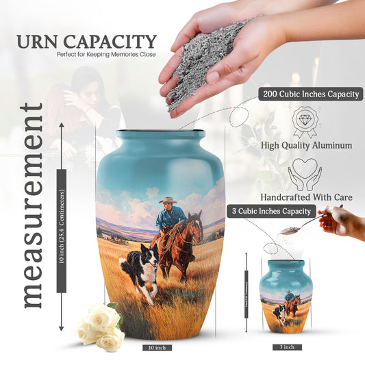 Sea Green Teal Cowboy Cremation Urn close-up of engraving and surface detail - timeless cowboy motif etched into premium metal - mini keepsake memorial for portion of cremation ashes