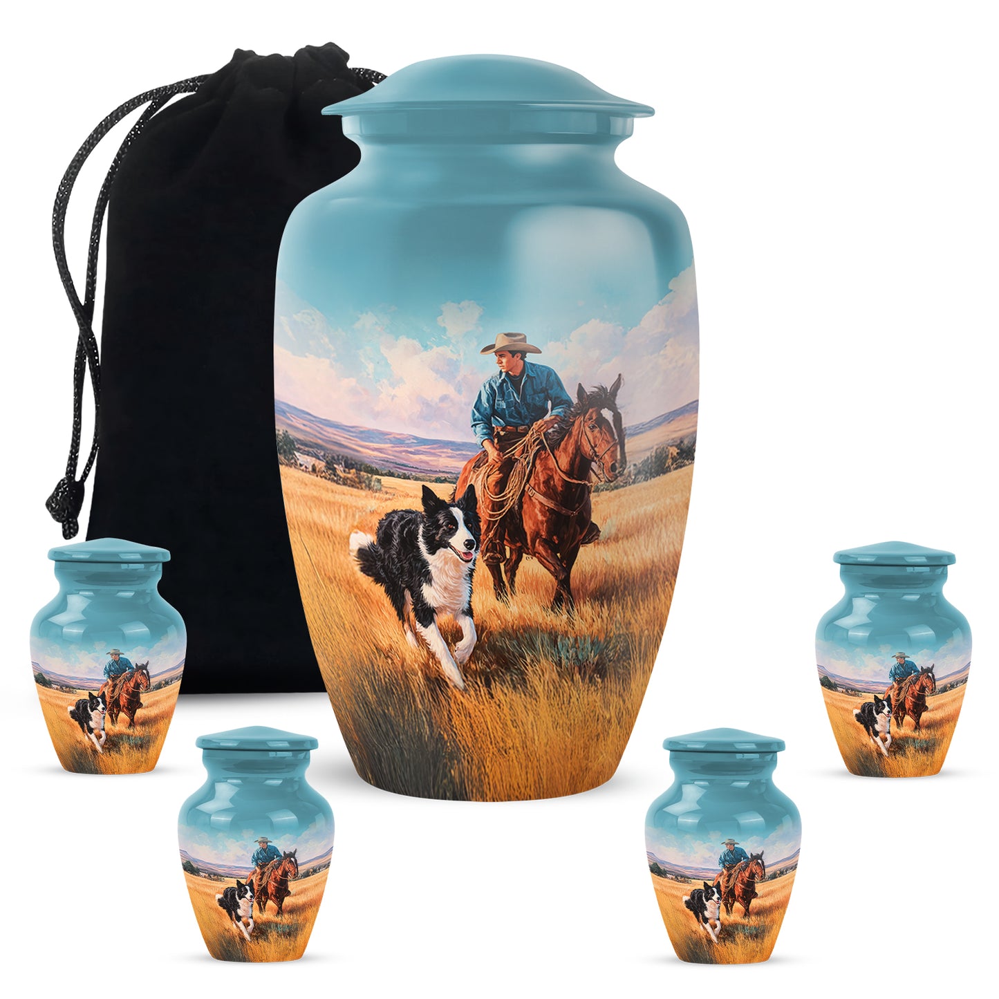 Aqua Teal Cowboy Cremation Urn top-down view of secure threaded lid - elegant classic cowboy relief with fine detailing - memorial set with one large and four small urns