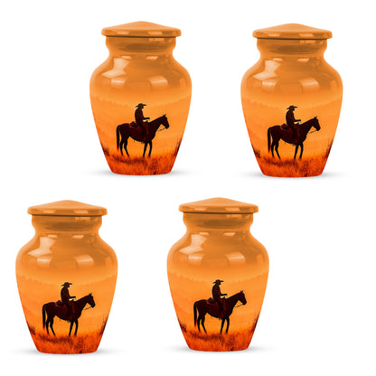 Matte Gold Cowboy Cremation Urn side profile showing urn shape - elegant classic cowboy relief with fine detailing - 10 inch aluminum urn for cremated remains