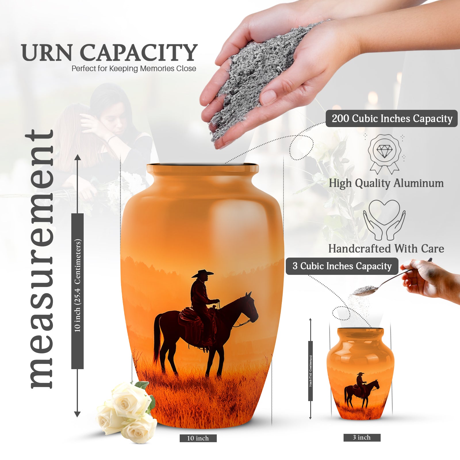 Harvest Gold Cowboy Cremation Urn close-up of engraving and surface detail - traditional cowboy engraving with hand-polished finish - mini keepsake memorial for portion of cremation ashes