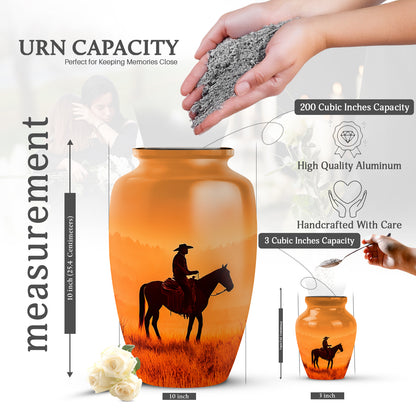 Harvest Gold Cowboy Cremation Urn close-up of engraving and surface detail - traditional cowboy engraving with hand-polished finish - mini keepsake memorial for portion of cremation ashes