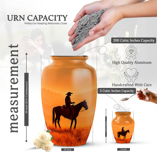 Harvest Gold Cowboy Cremation Urn close-up of engraving and surface detail - traditional cowboy engraving with hand-polished finish - mini keepsake memorial for portion of cremation ashes