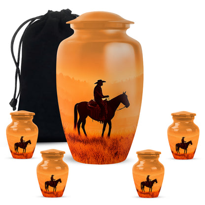 Burnished Gold Cowboy Cremation Urn top-down view of secure threaded lid - traditional cowboy engraving with hand-polished finish - memorial set with one large and four small urns