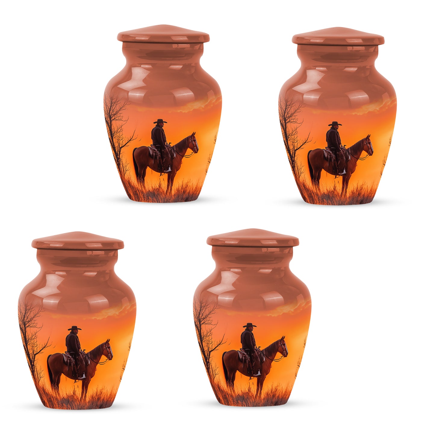 Wine Red Cowboy Cremation Urn side profile showing urn shape - timeless cowboy motif etched into premium metal - 10 inch aluminum urn for cremated remains