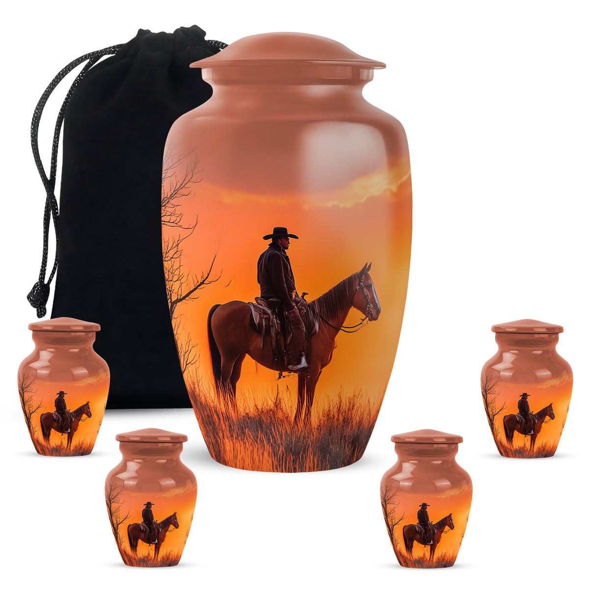 Fiery Red Cowboy Cremation Urn top-down view of secure threaded lid - traditional cowboy engraving with hand-polished finish - memorial set with one large and four small urns