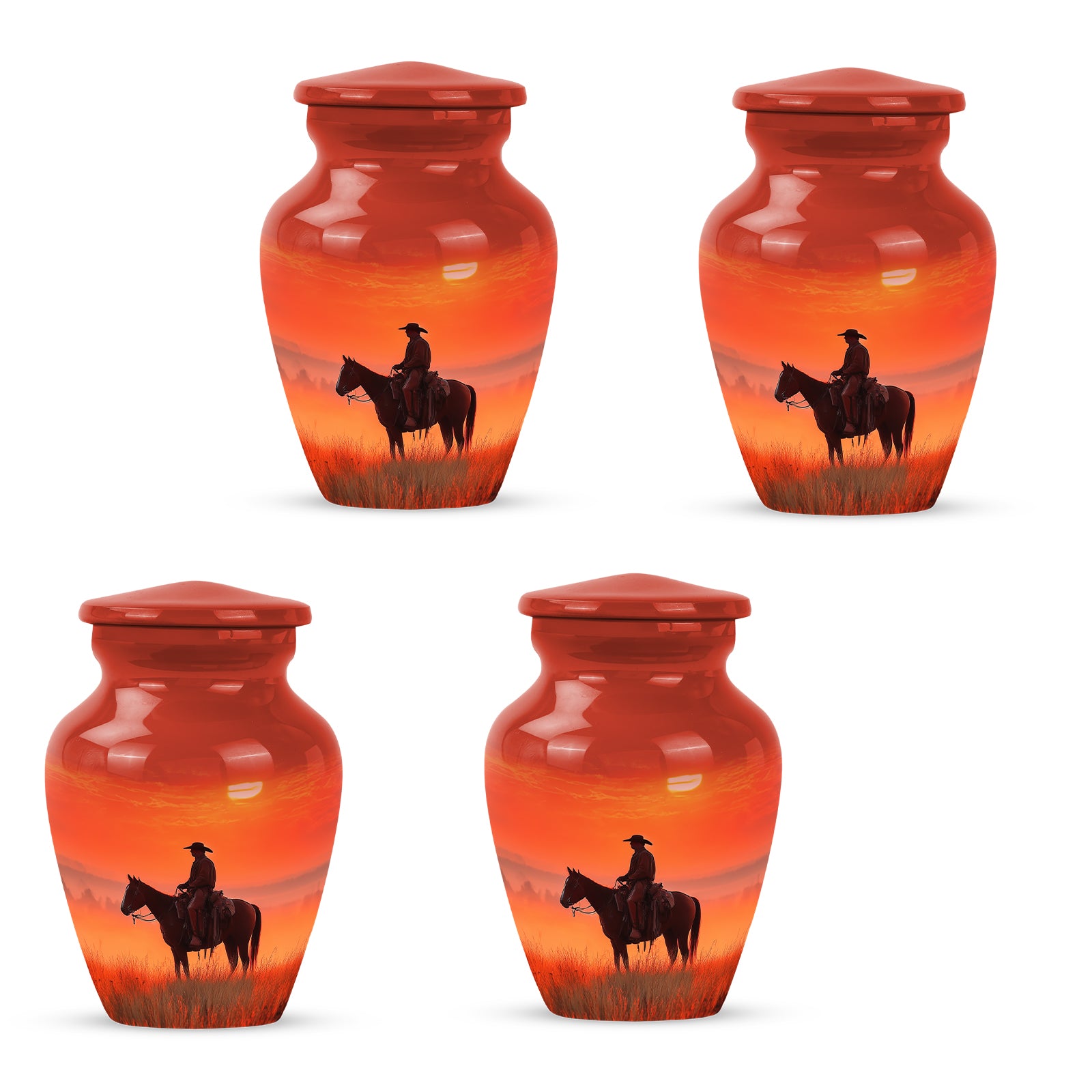 Crimson Red Cowboy Cremation Urn side profile showing urn shape - timeless cowboy motif etched into premium metal - 10 inch aluminum urn for cremated remains