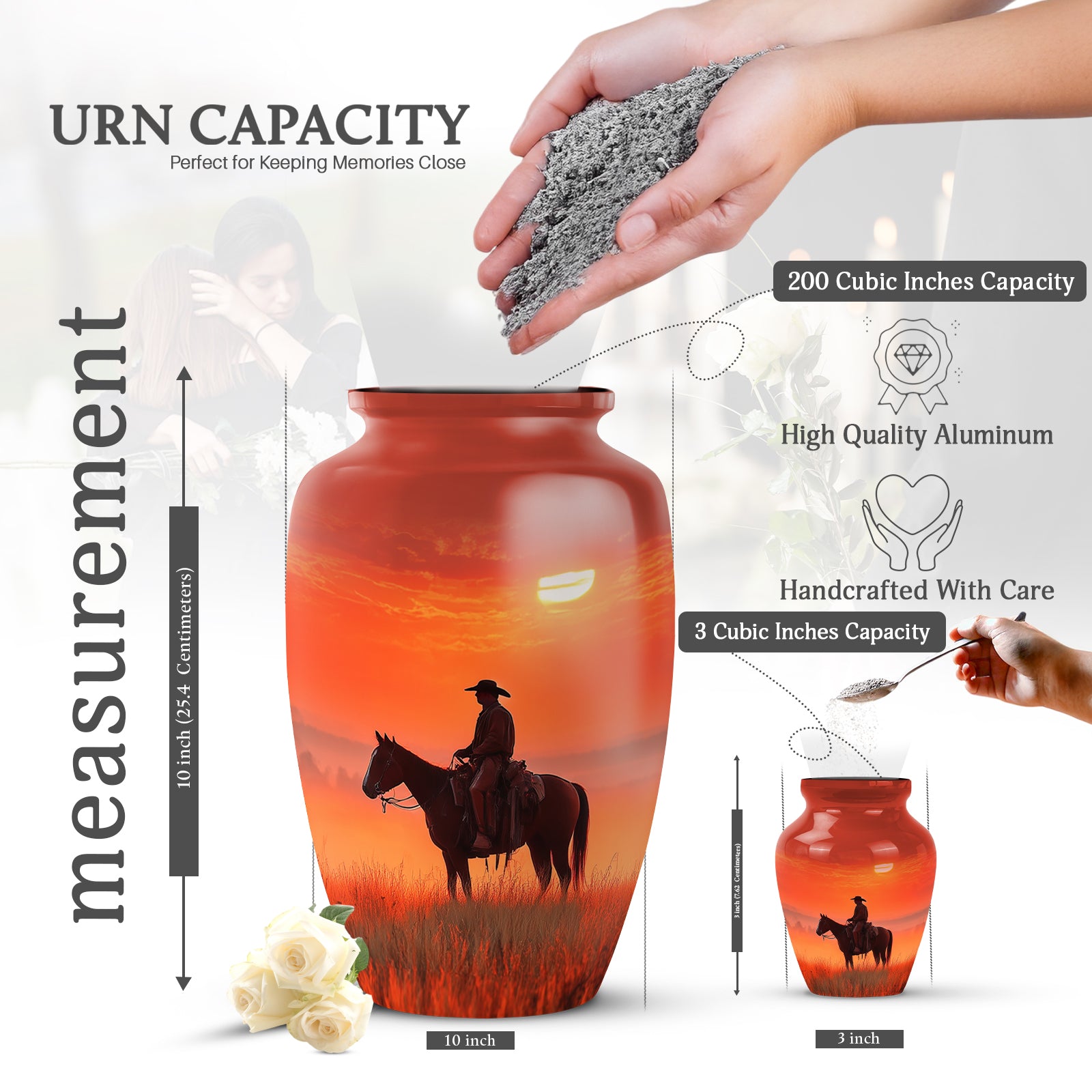 Cherry Red Cowboy Cremation Urn close-up of engraving and surface detail - traditional cowboy engraving with hand-polished finish - mini keepsake memorial for portion of cremation ashes