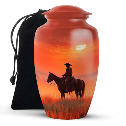 Crimson Red Cowboy Cremation Urn angled view of lid and engraved motif - timeless cowboy motif etched into premium metal - full-size 10 inch 200 cubic inch adult cremation urn