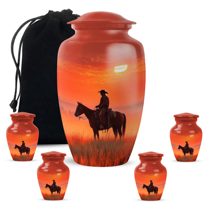 Ruby Red Cowboy Cremation Urn top-down view of secure threaded lid - elegant classic cowboy relief with fine detailing - memorial set with one large and four small urns