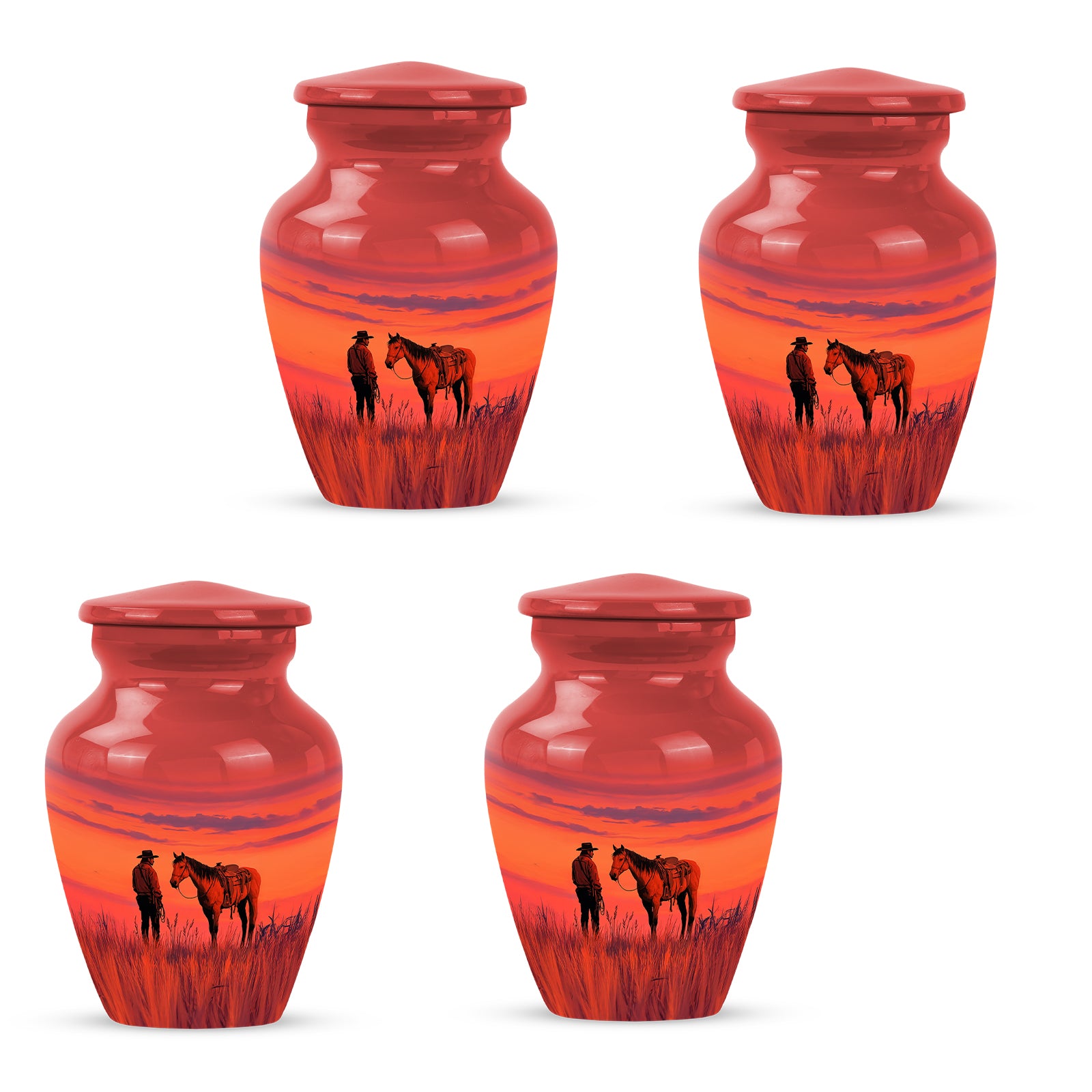 Ruby Red Cowboy Cremation Urn side profile showing urn shape - traditional cowboy engraving with hand-polished finish - 10 inch aluminum urn for cremated remains