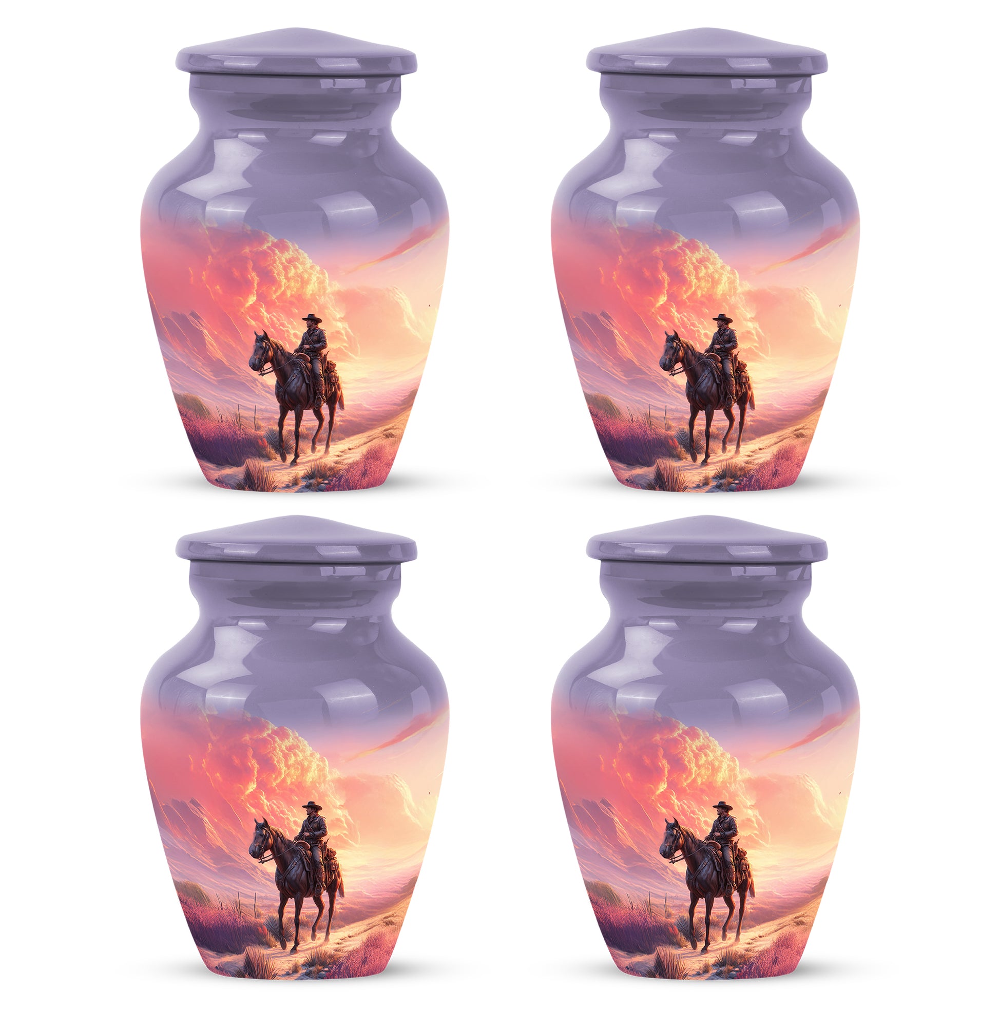 Cornflower Blue Cowboy Cremation Urn side profile showing urn shape - traditional cowboy engraving with hand-polished finish - 10 inch aluminum urn for cremated remains