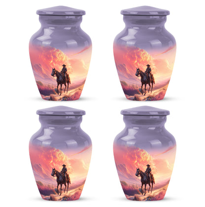 Cornflower Blue Cowboy Cremation Urn side profile showing urn shape - traditional cowboy engraving with hand-polished finish - 10 inch aluminum urn for cremated remains
