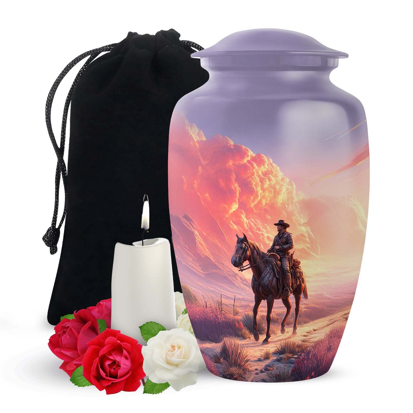 Serene Blue Cowboy Cremation Urn angled view of lid and engraved motif - traditional cowboy engraving with hand-polished finish - full-size 10 inch 200 cubic inch adult cremation urn