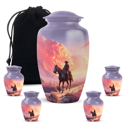 Vivid Blue Cowboy Cremation Urn top-down view of secure threaded lid - traditional cowboy engraving with hand-polished finish - memorial set with one large and four small urns