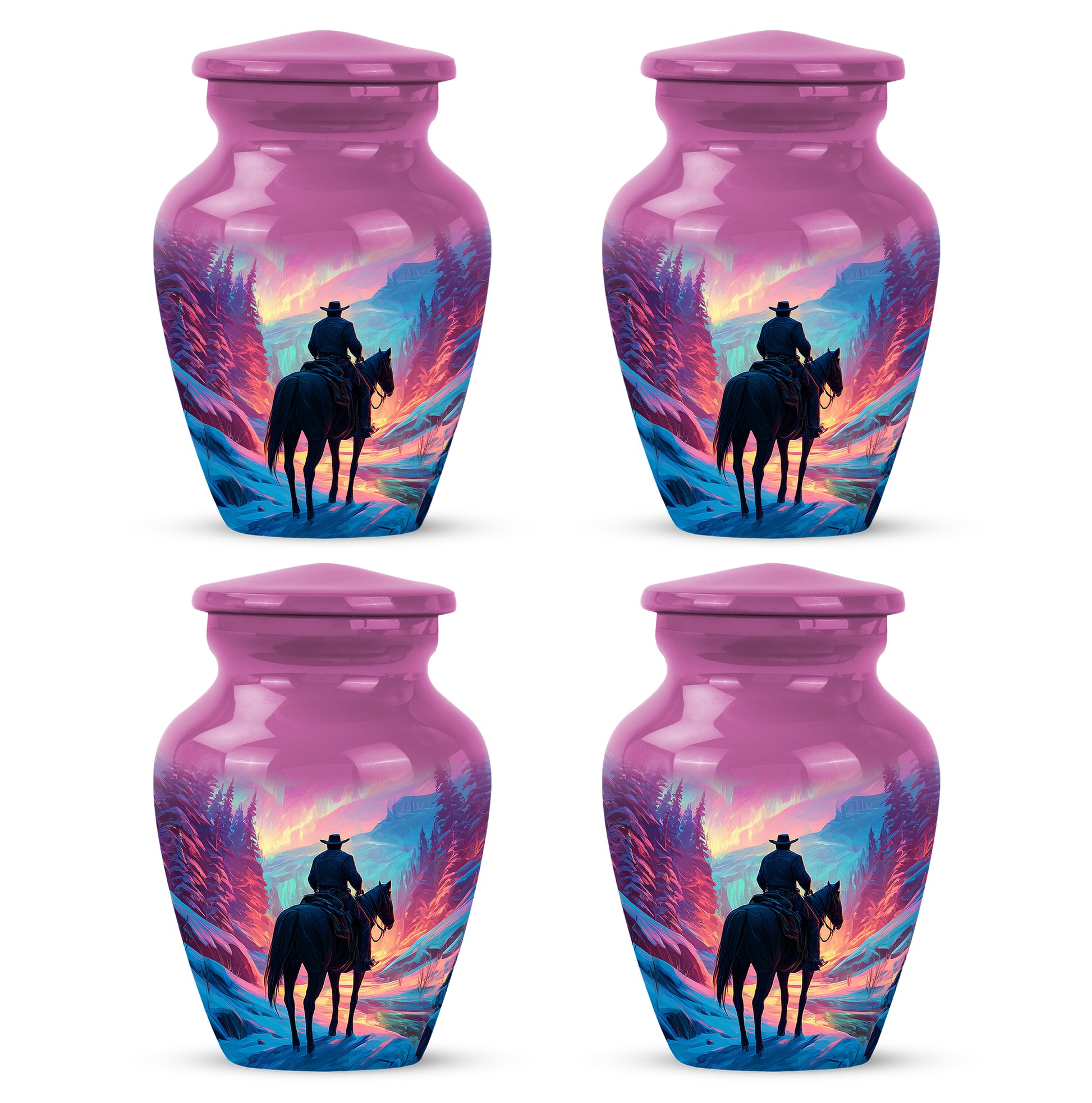 Salmon Pink Cowboy Cremation Urn side profile showing urn shape - elegant classic cowboy relief with fine detailing - 10 inch aluminum urn for cremated remains