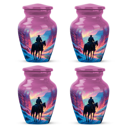 Salmon Pink Cowboy Cremation Urn side profile showing urn shape - elegant classic cowboy relief with fine detailing - 10 inch aluminum urn for cremated remains