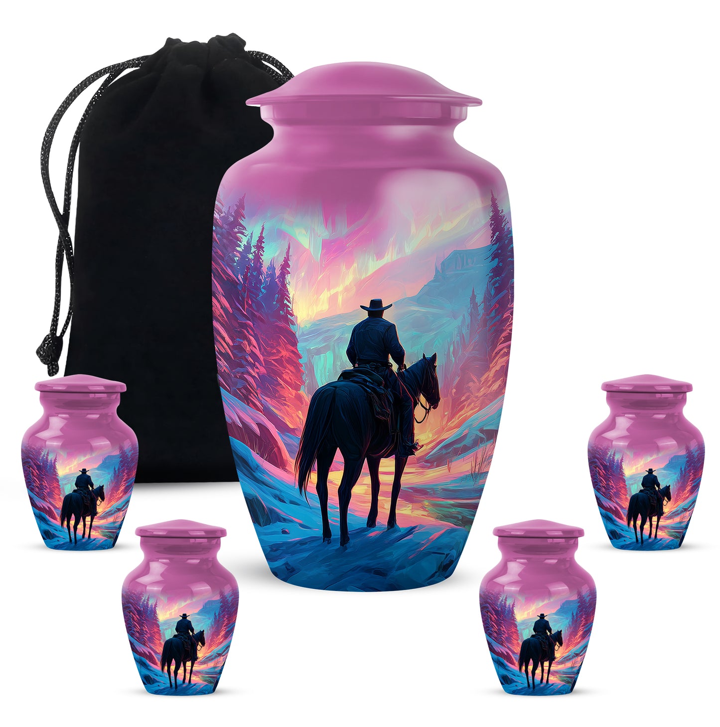 Rose Pink Cowboy Cremation Urn top-down view of secure threaded lid - classic sculpted cowboy pattern on smooth aluminum - memorial set with one large and four small urns