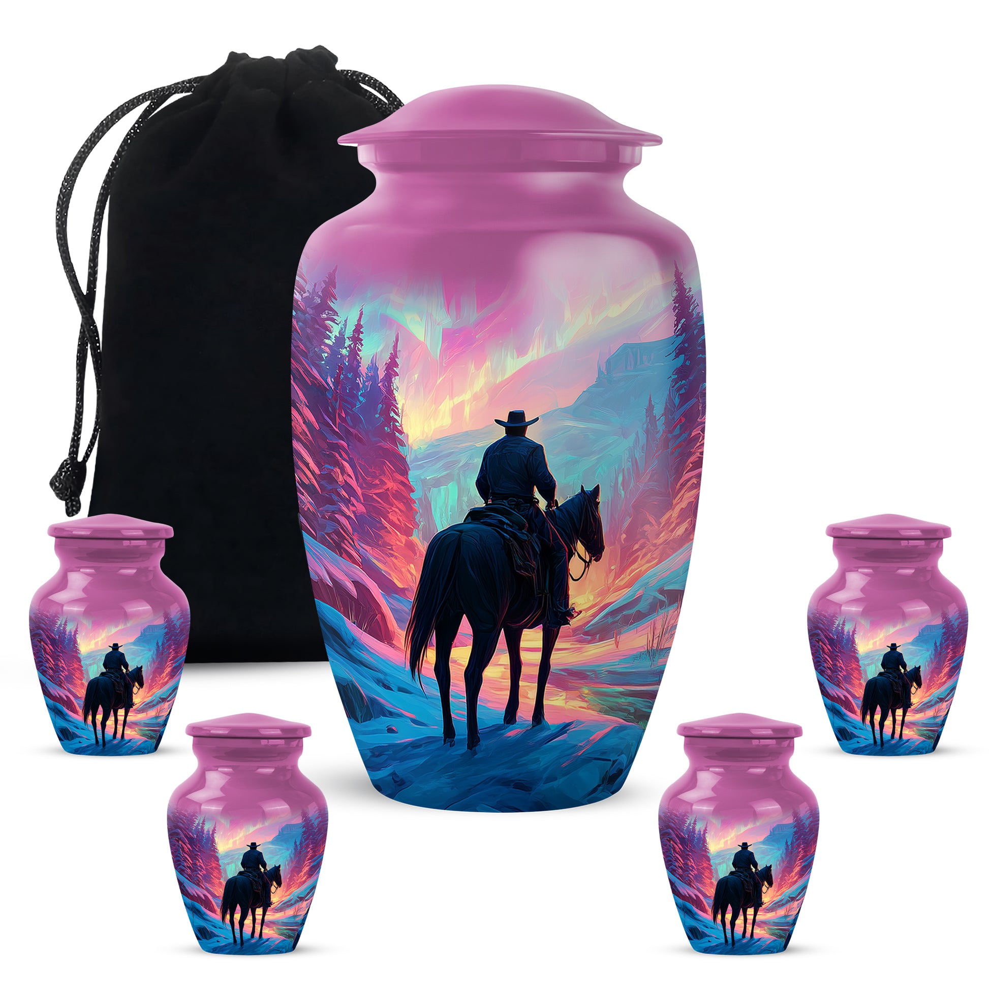 Rose Pink Cowboy Cremation Urn top-down view of secure threaded lid - classic sculpted cowboy pattern on smooth aluminum - memorial set with one large and four small urns